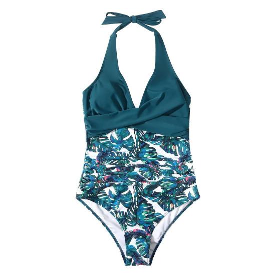 Women Sexy Monokini Halter Sleeveless One Piece Swimsuit Patchwork Color Backless Tummy Control High Waisted Bathing Suit