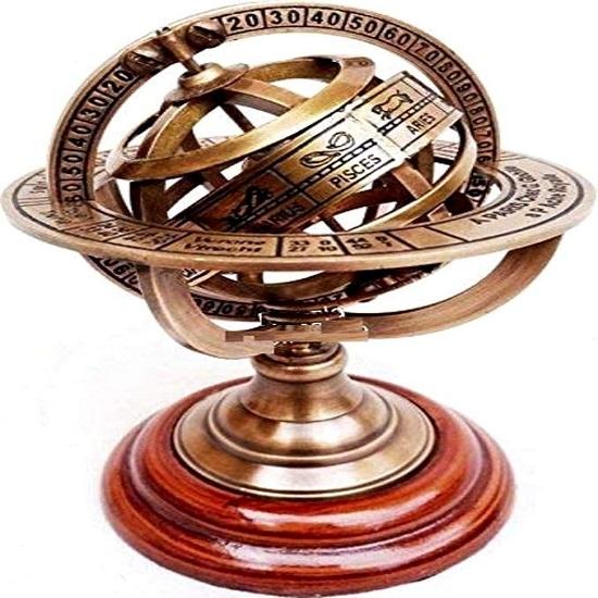 Brass Armillary Sphere Astrolabe On Wooden Base – Maritime Nautical Collectible, 12.7 Cm