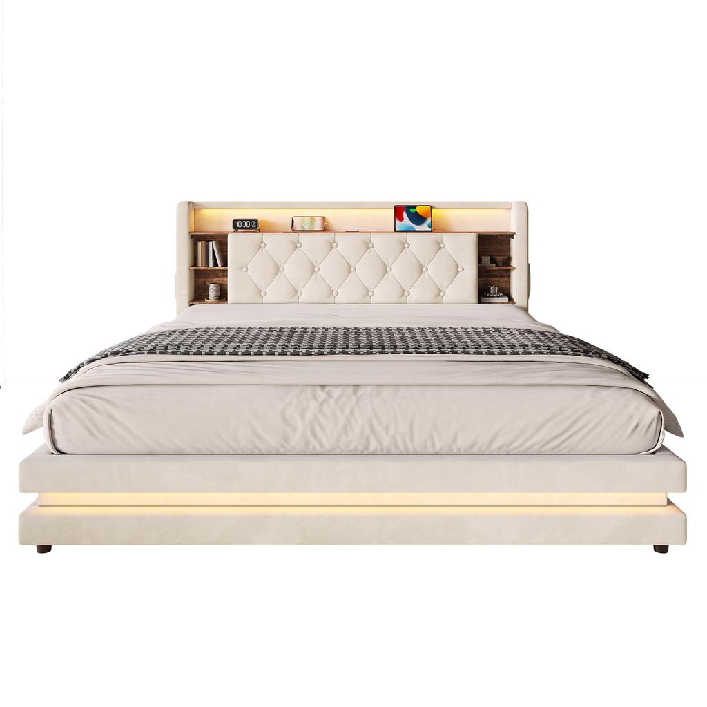 180 × 200 cm Upholstered Bed with Storage, Velvet Bed with Multifunctional Headboard, LED Lighting, 2 USB & Type-C Port, Hydraulic, Beige