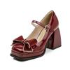 Women Pumps Platform High Heels Wedding Shoes Patent Leather Red Mary Jane Shoes Bow Buckle Strap Square Toe Chunky Heeled Shoe