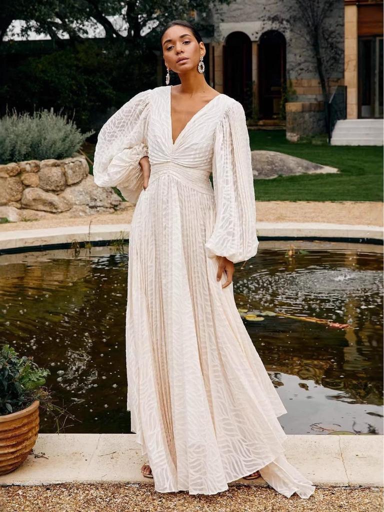 Женское вечернее платье с длинным рукавом из жаккарда с плиссированными рукавами-фонариками 8171, в европейско-американском стиле