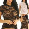 Women's Sheer Mesh Lace See-Through Short Sleeve Crop Tops Casual T Shirt