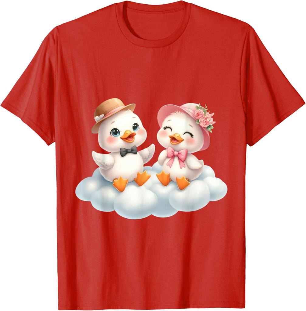 Cute Duck Couple Sitting on Cloud Graphic Print Cotton Casual Daily T-Shirt