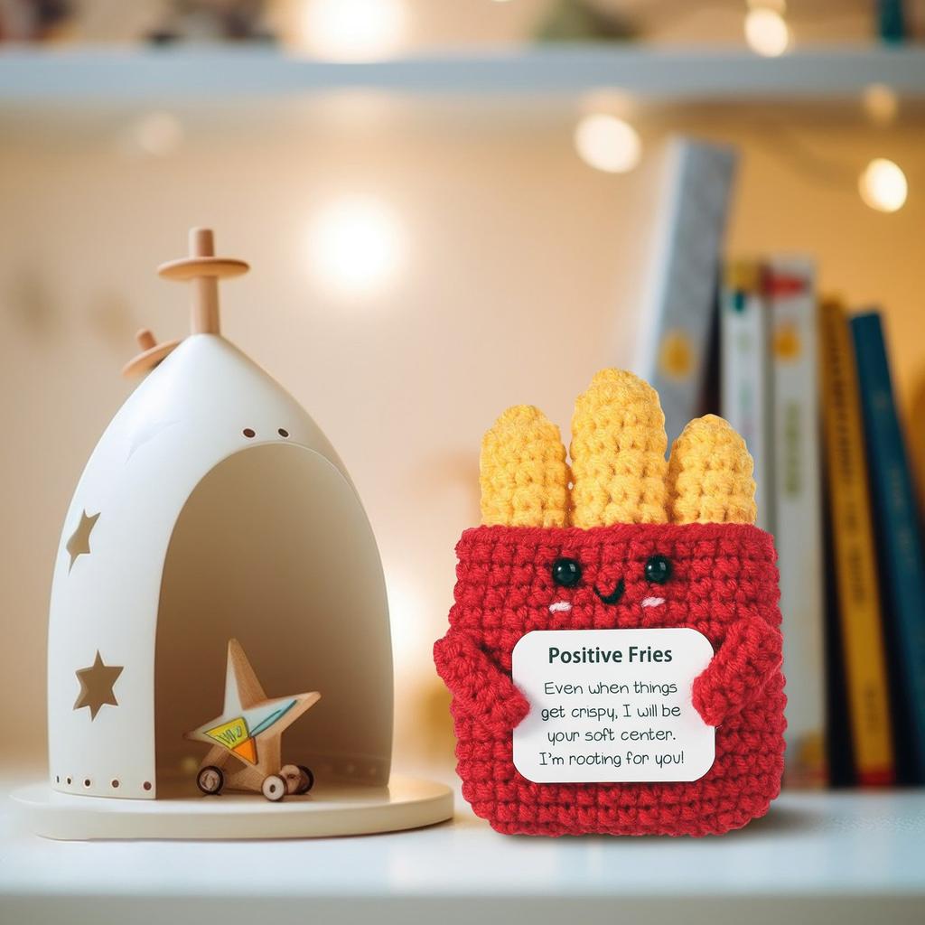 Эмоциональная поддержка ручной работы в виде картофеля фри, забавная вязаная крючком милая шерстяная кукла с позитивной открыткой вверх, кляп для вязания, подарки для друзей, настольный веселый домашний декор