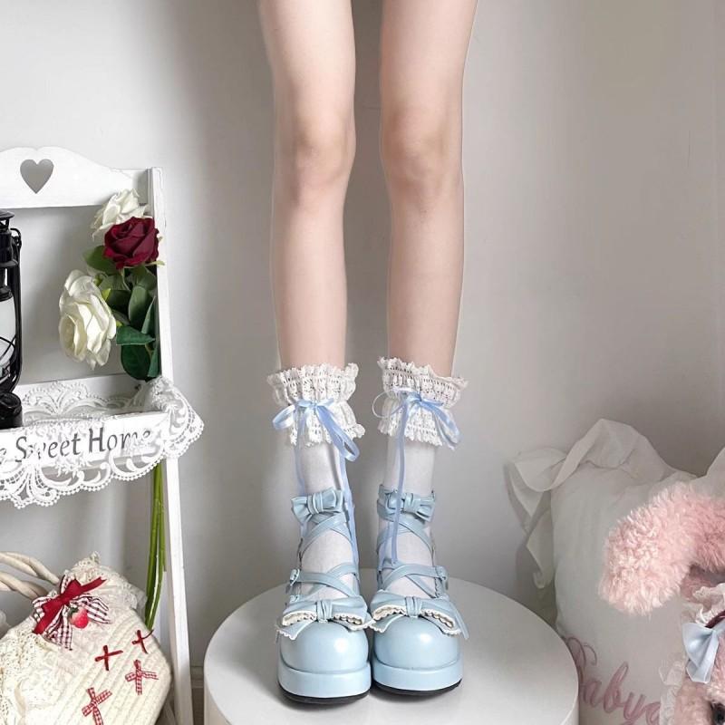 Womens Mid-Calf Socks With Lace Trim Ribbon Bow Sweet Ballet Lolita Style Cotton Blend
