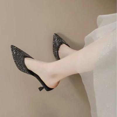 Модные летние туфли нового стиля с острым носком и неглубоким вырезом, инкрустированные бриллиантами, противоскользящие, износостойкие шлепанцы, элегантный темперамент, высокие каблуки