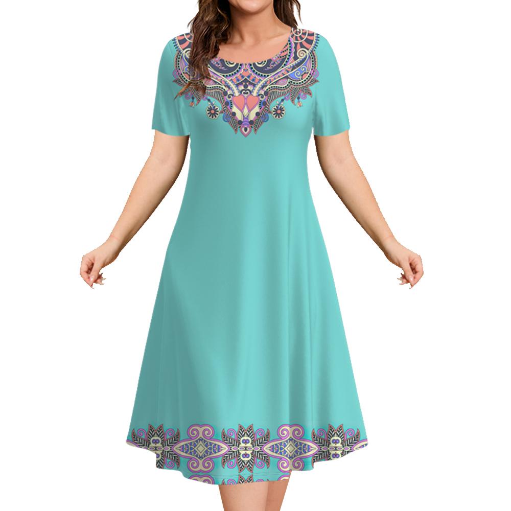 2025 Vintage Women's Dresses Printed Summer Luxury Ethnic Midi Dresses Female Short Sleeve Dress Fashion Oversized Clothes