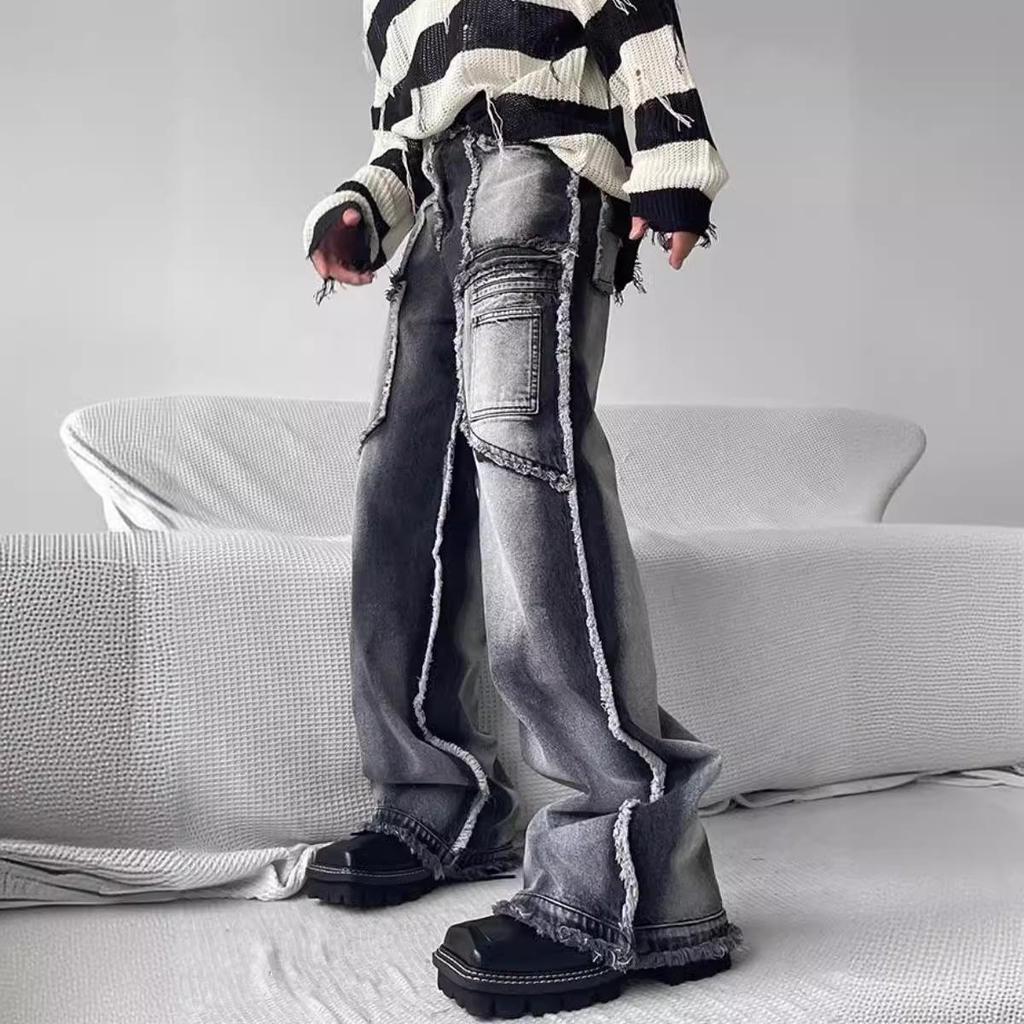 Мужские свободные прямые необработанные джинсы для работы на осень/зиму