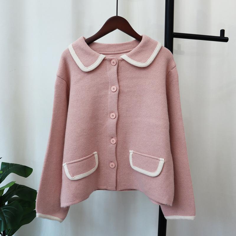 Осень и зима новый ретро контрастных цветов гонконгский стиль вязаный кардиган мягкий восковой дизайн темперамент свободный свитер куртка женская