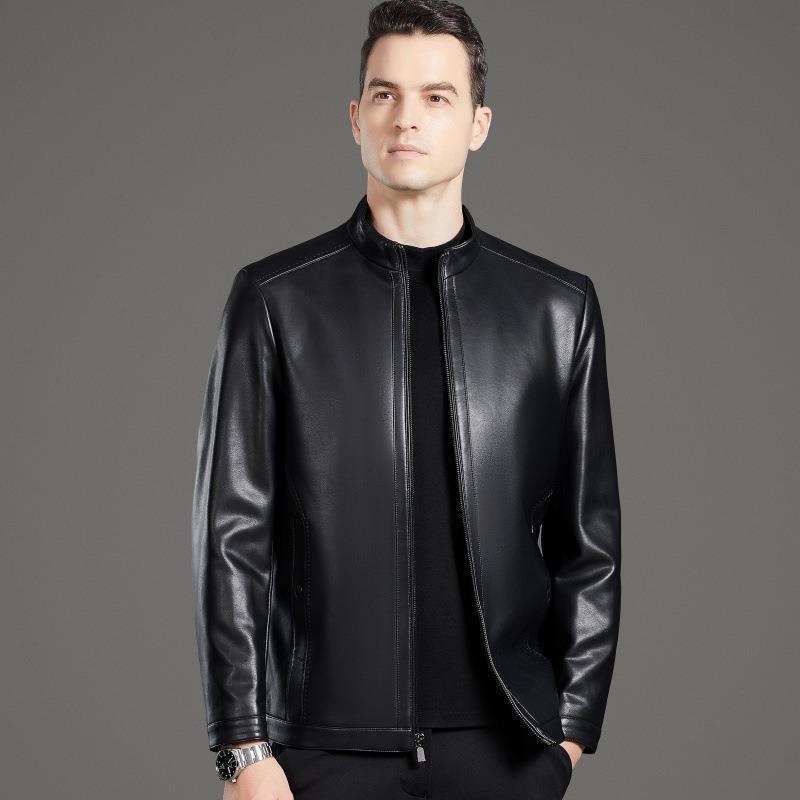 Кожаная куртка мужская осенне-зимняя пуховая куртка из овчины для пап среднего возраста, мужская повседневная кожаная куртка