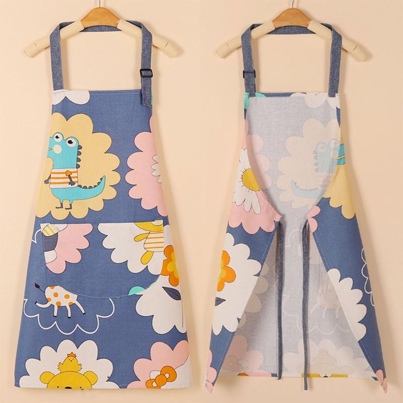 Cartoon Pattern Cotton Apron with Large Front Pocket No Sleeve Hanging Neck for Men Women Unisex Adjustable Kitchen Cooking