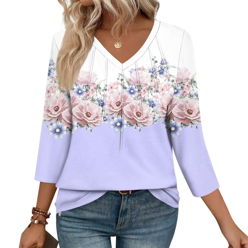 Women's Casual Tops V Neck Pull Stripe Prints Seven Sleeve Tops