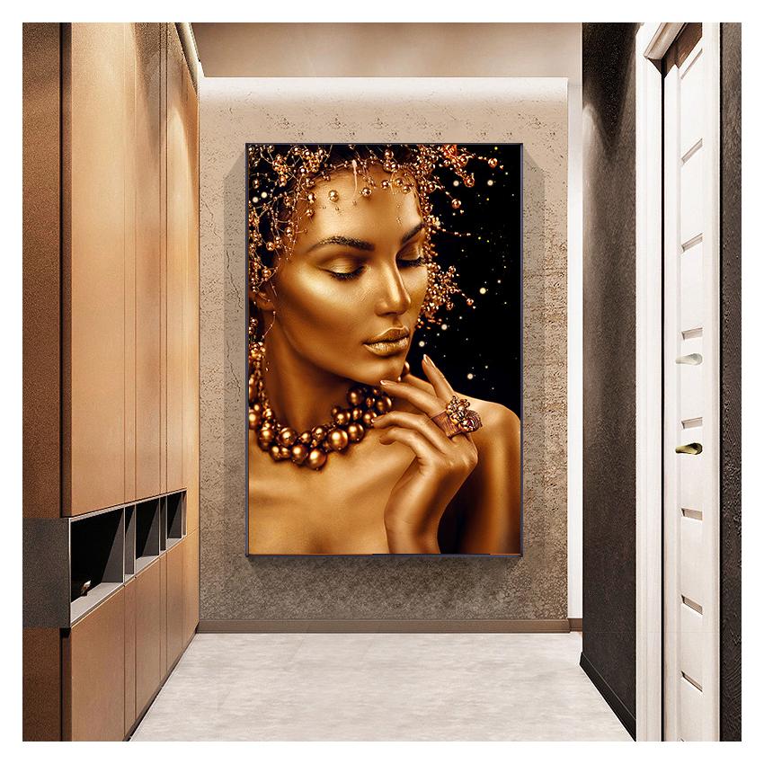 Африканское искусство, черно-золотая женская картина маслом на холсте, постеры и принты, настенная художественная картина для гостиной, сексуальная обнаженная куадрос