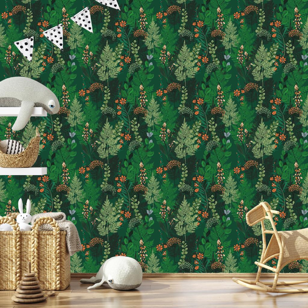 Forest fern wallpaper with flowers for living room and bedroom 50x1000