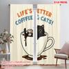 2pcs 2D Flat Printing Curtains Life Better Coffee Cats Polyester Without Electricity Holiday Decorations for Parties and