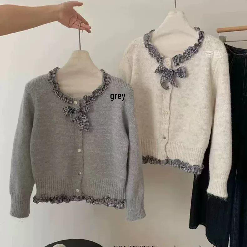 Корейский шик, кардиган из трикотажа с оборками и бантом - Женский осенний дизайн