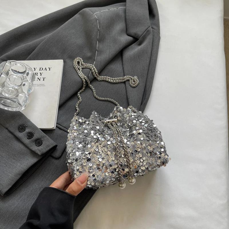 Портативная сумка с пайетками для женщин, новая модная сумка-ведро, универсальная сумка через плечо на одно плечо для ужина