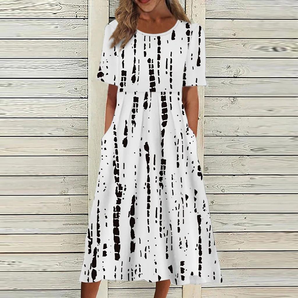 Женское летнее повседневное модное платье с коротким рукавом и карманом с цветочным принтом и круглым вырезом