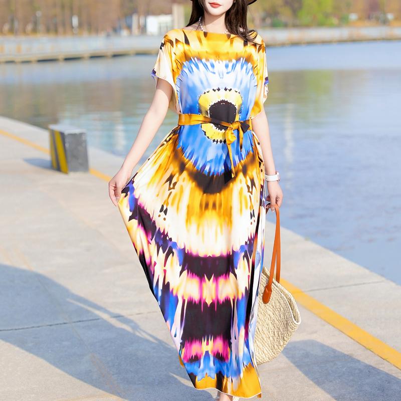 Элегантное летнее повседневное платье для женщин Винтажная одежда Короткий рукав Свободное длинное платье