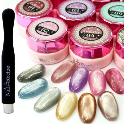 Набор цветных гелей для ногтей Galaxy от Nail Recipe с магнитным гелем (Набор из 10 цветов с цилиндрическими магнитами)