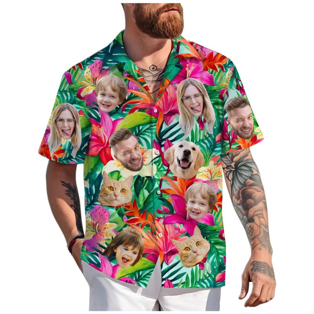 Custom Adult Kid Pet Face Hawaiian Shirts Summer Fashion Short Sleeve Personalized 3D Printed Shirt Loose Breathable DIY Blouses