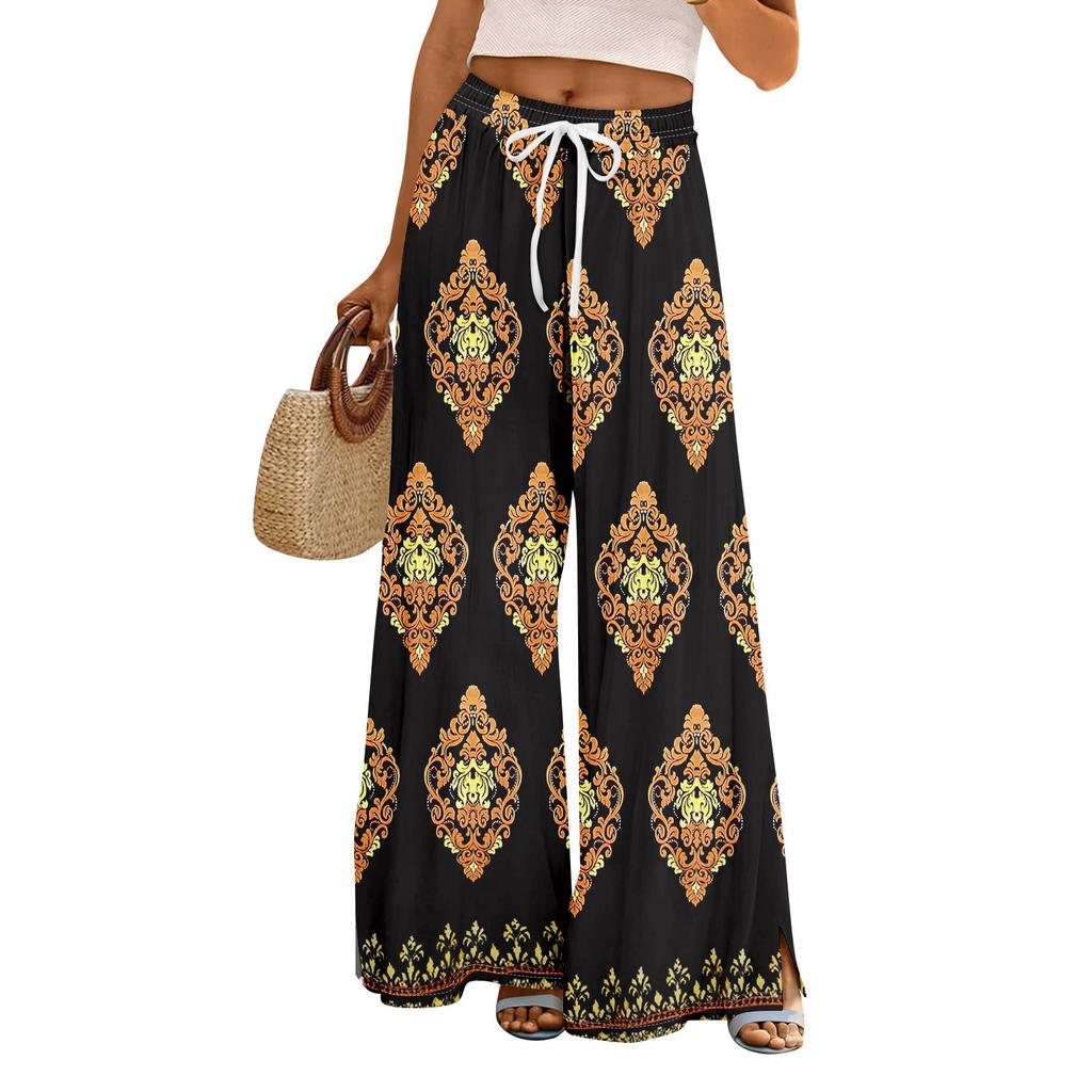 Women Summer Boho Palazzo Pants High Waist Wide Leg Floral Printing Casual Trousers With Pockets
