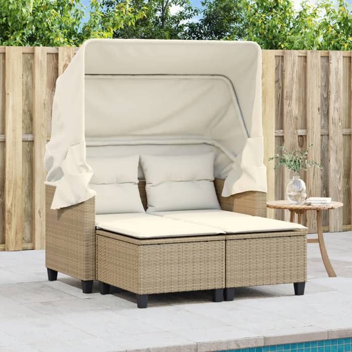 VidaXL Canapé de Jardin 2 Places avec Auvent et Tabourets, Siège de Patio, Meuble de Terrasse Balco Extérieur, Beige Résine 365784