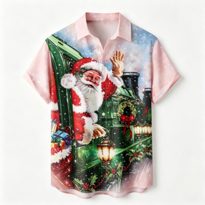 Men's short sleeved shirt Christmas train Santa Claus printed short sleeved shirt Business casual men's holiday painted printed