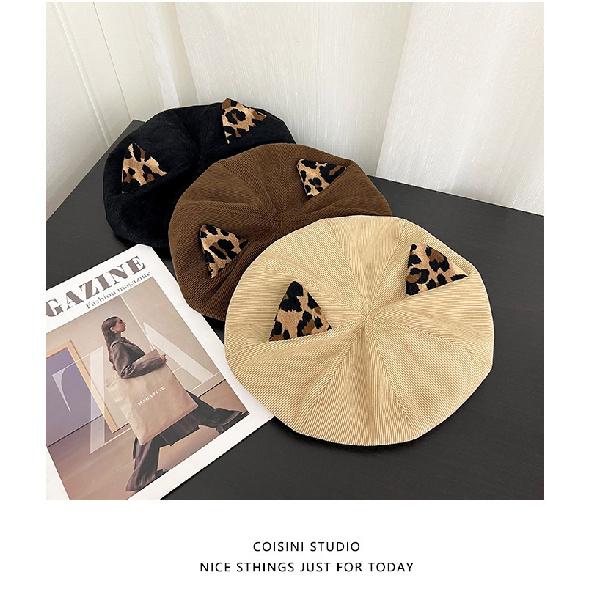 Cat ear corduroy octagonal hat for women, warm and versatile, makes the face look smaller
