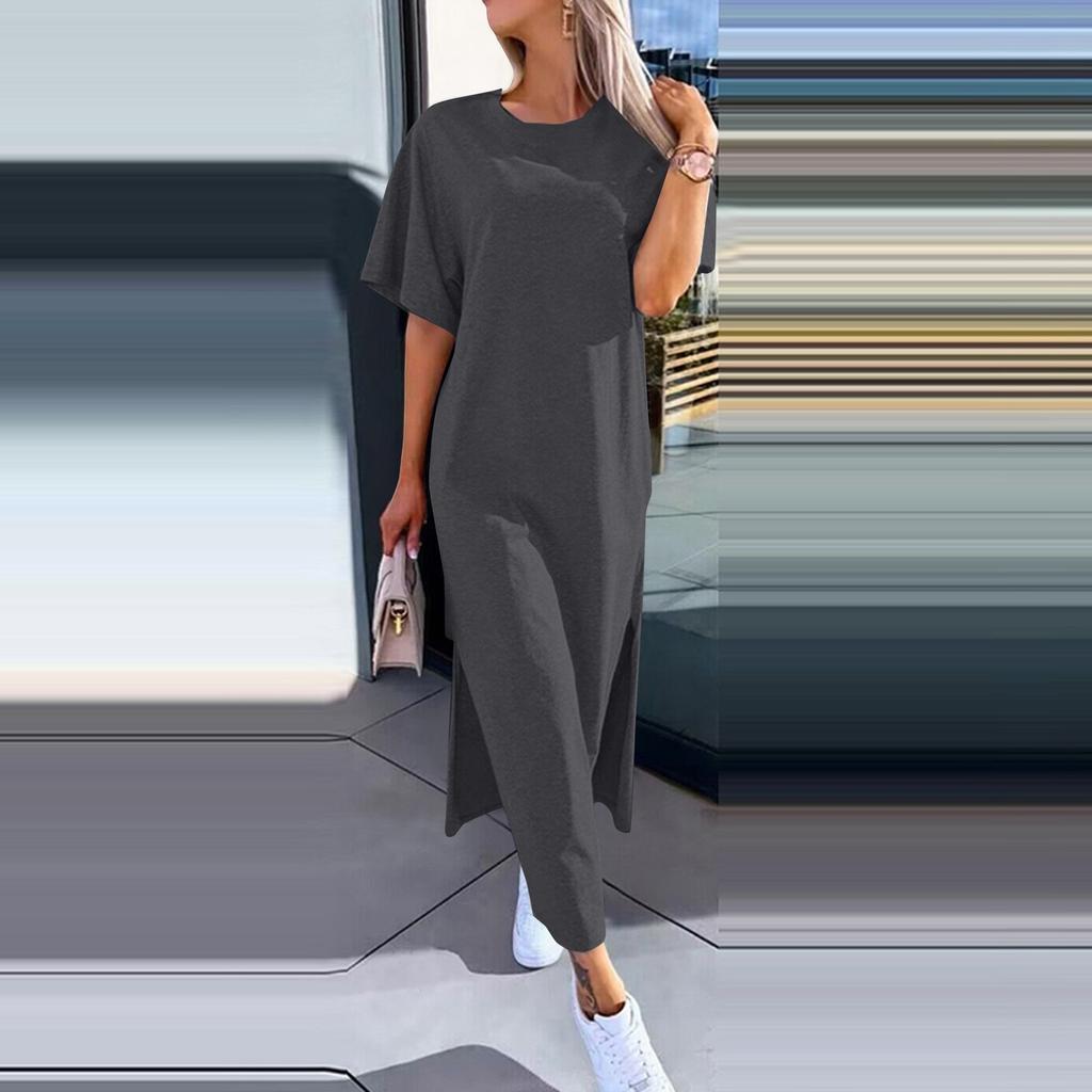 Женское однотонное платье с короткими рукавами, круглым вырезом и разрезом по краю