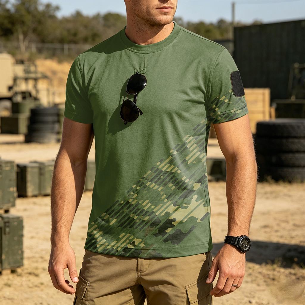 Men Tactical Crew Neck Loose Fit Breathable Outdoor Quick Dry T Shirt with Camouflage Print and Hook Loop Patch Design
