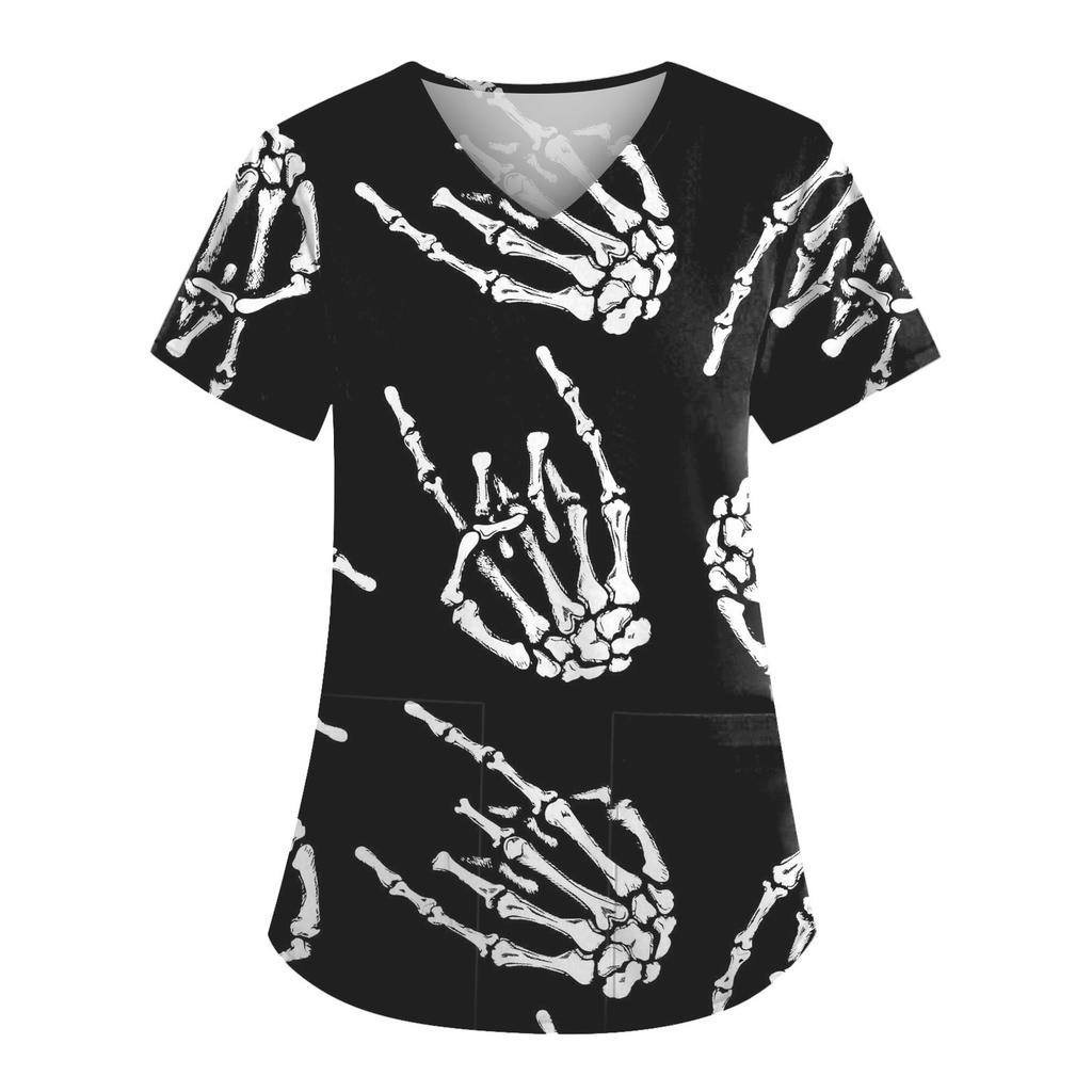 Plus Size Printed Scrub Working Uniform Tops For Women's V-Neck Short Sleeve Fun T-Shirts Workwear Tee With Pockets