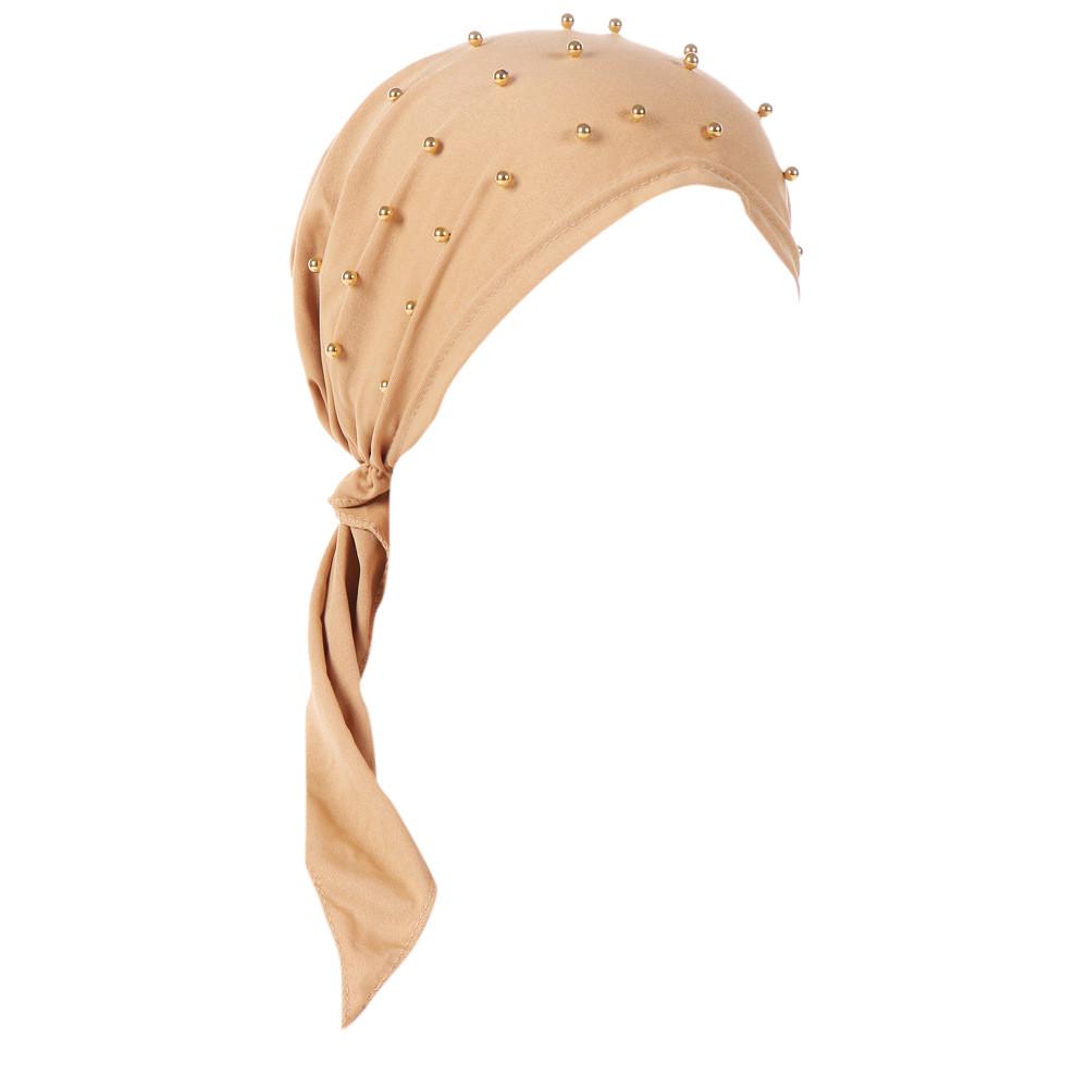 Женский модный тюрбан хиджаб Индия Отделка бисером Мусульманский эластичный тюрбан Шапка Хлопок Потеря волос Головной платок Обмотка исламский головной платок