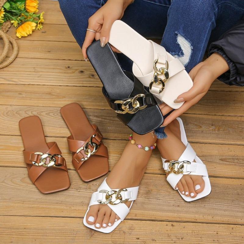 Лето 2024 года, новые модные туфли на плоской подошве с квадратным носком, модная повседневная обувь, женские римские сандалии с металлической цепочкой большого размера