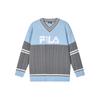 Color Block Logo Print V-Neck Casual Pullover Sweater Women Sweater Sky-Blue F11W419403F-LB