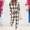 Women Plus Size Round Neck Long Sleeve Plaid Printed Cuffed Top And Pants Two Piece Set