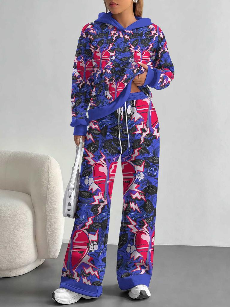 European And American Autumn And Winter Casual Retro Pattern Long-Sleeved Suit Women'S Hooded Sweater Trousers Two-Piece Set