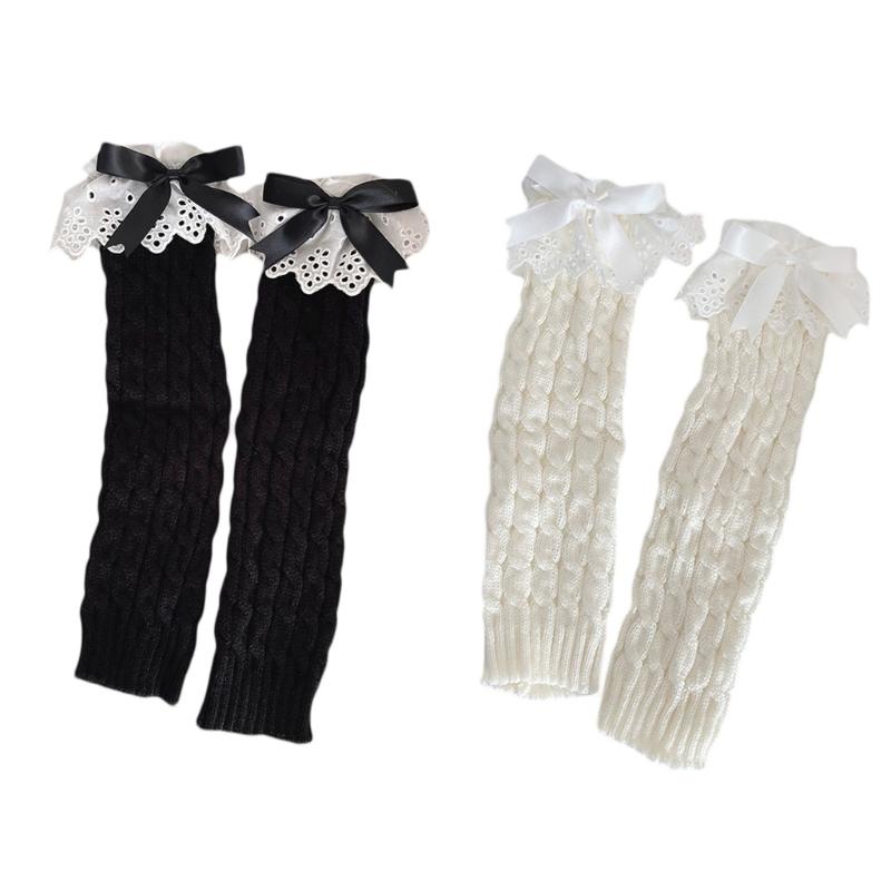 Women Autumn Ruffled Lace Bowknot Leg Warmers Japanese Lolita Twist Cable Knitted Foot Covers Student Stretch Calf Socks
