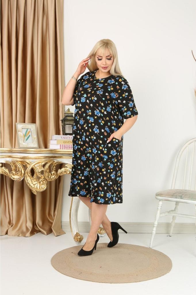 Женское платье большого размера, черно-синее платье с карманами и цветочным узором