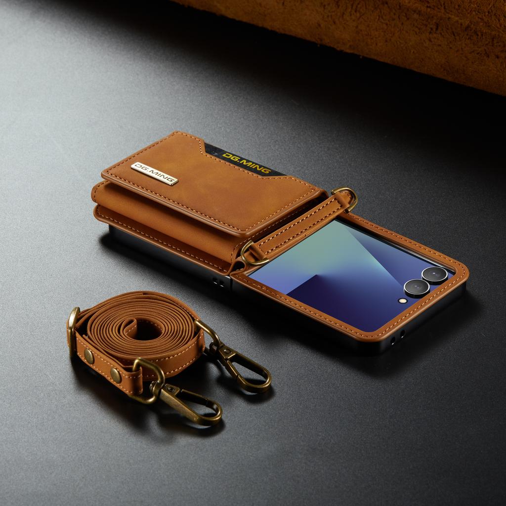 Наплечный чехол из натуральной кожи для телефона Samsung Galaxy Z Flip 7 Flip6 5 4 3 с длинным ремешком, металлической кнопкой, слотом для карт, кошельком и подставкой