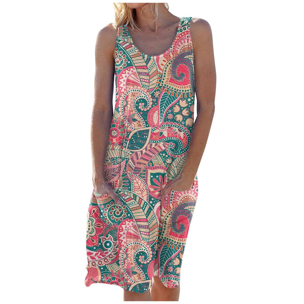 Women's Fashion Summer Printed  Sleeveless Dress Crewneck  Large Hemline Dress