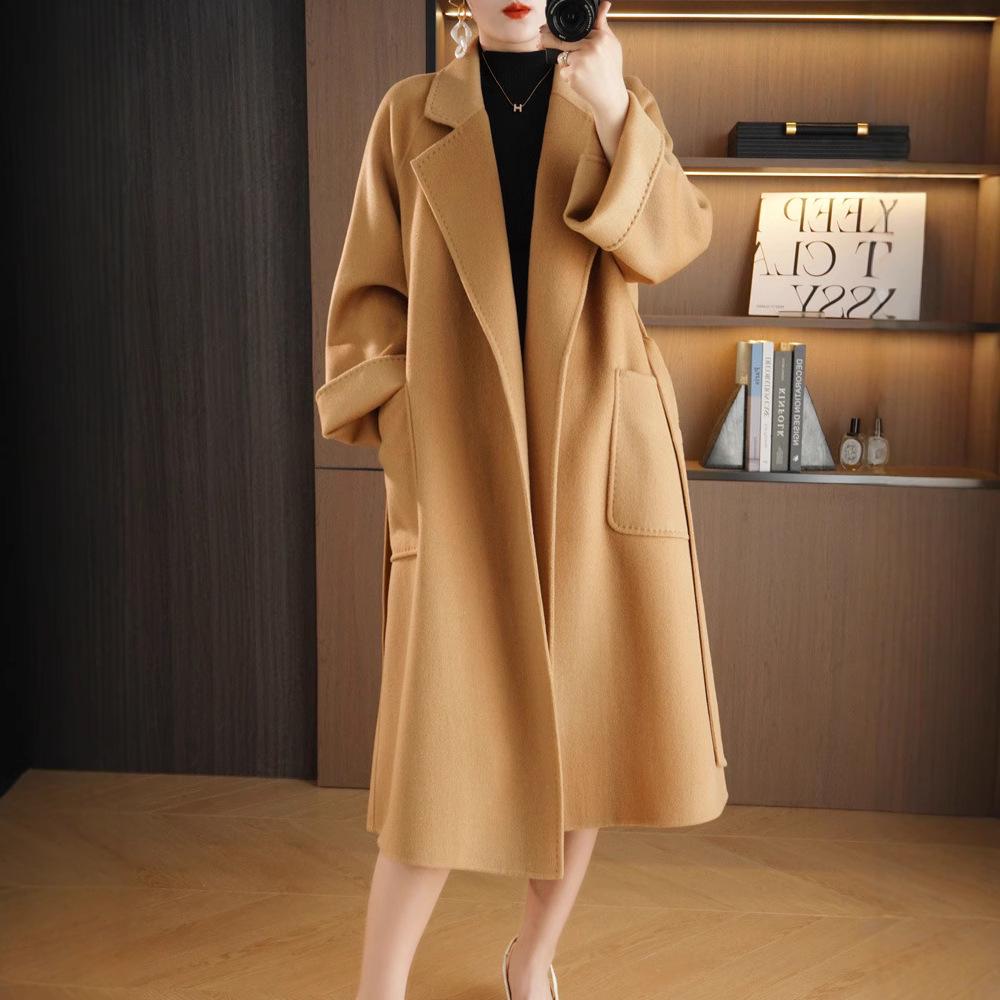 Женское очень длинное двустороннее пальто из 100% шерсти с поясом для осени и зимы