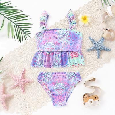 Купальники для девочек с оборками по подолу, симпатичные, красочные, с леопардовым принтом, купальники из 2 частей, для детей от 4 до 10 лет, гавайский комплект бикини