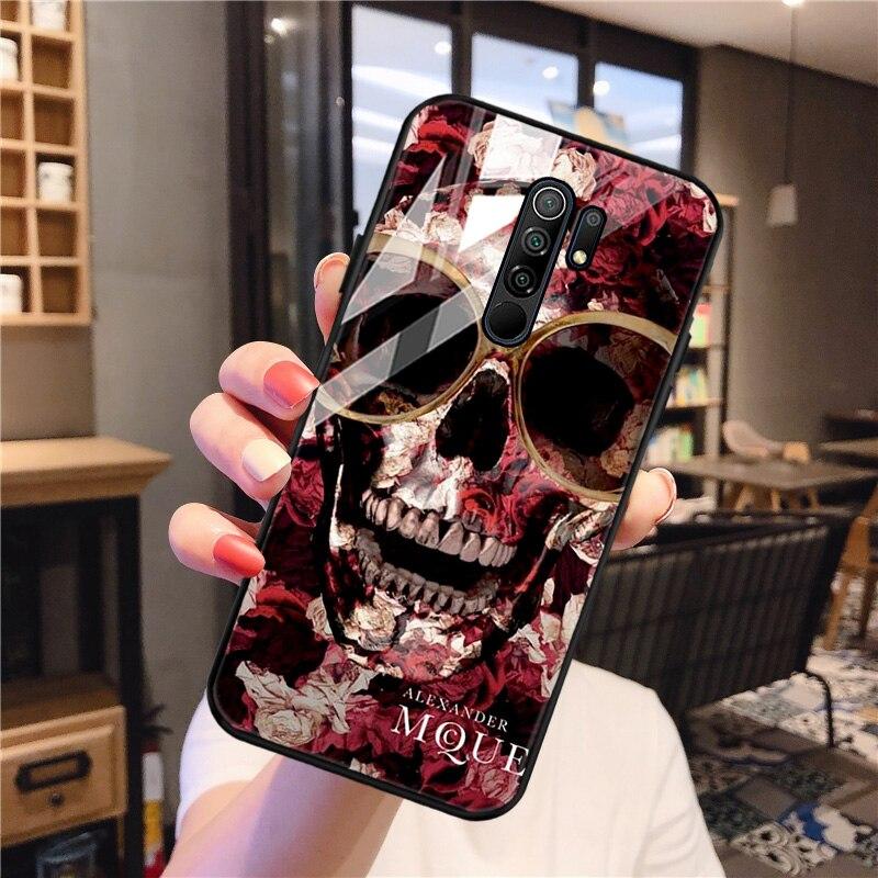 Redmi 9 Case Skull Skeleton Glass Case For Xiaomi Redmi 9 C 9C NFC 9A 8A 8 7A 7 Mi 9T Pro 9 Lite 8 SE Tempered Glass Hard Cover