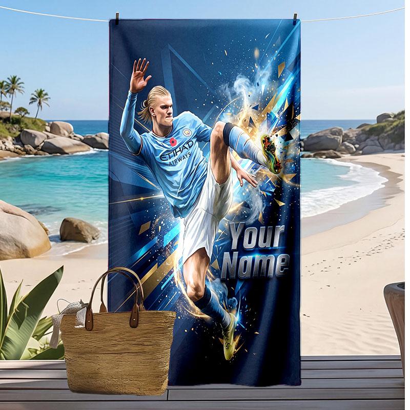 Erling Haaland Personalized Printed Beach Towel Soccer Logo Support Custom Name Text Absorbent Towel For Sport Travel Special Gift