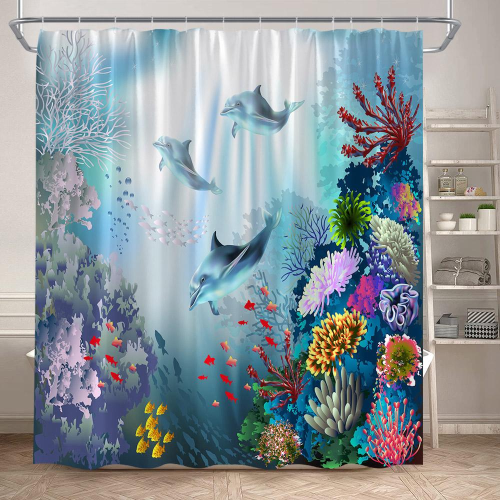 Sea Turtle Shower Curtains Funny Ocean Animals Coral Underwater Scenery Bath Curtain Polyester Fabric Bathroom Decor With Hooks