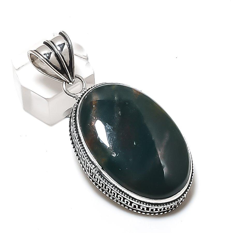 Bloodstone Gemstone Handmade 925 Sterling Silver Jewelry Pendant 2.17" H6Y86