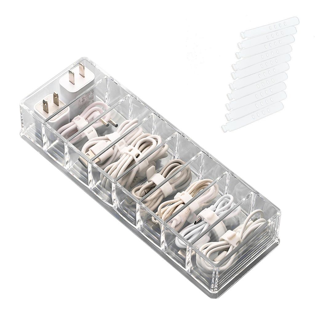 Data Cable Storage Box Transparent Multi Grids Large Capacity Charging Cord Organizer Box with 10 Wire Ties for Drawer