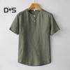 Мужская летняя рубашка с воротником-стойкой, тонкая, свободная, с короткими рукавами, однотонная, на пуговицах, средней длины, повседневная футболка для школы, офиса, улицы