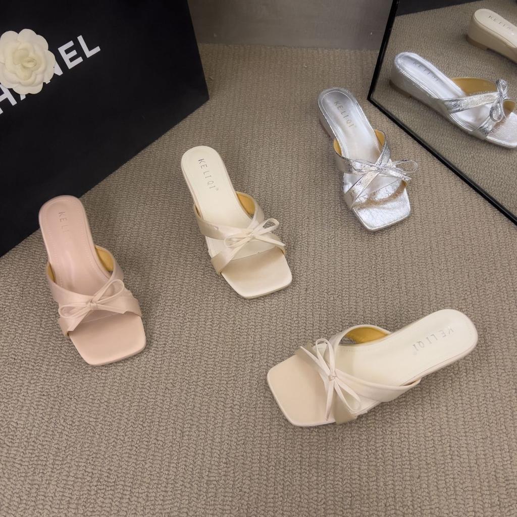 Beautiful Bow Fairy Wind Empty Wedge Heel Sandals 2025 Summer French Square Head Open-toed Cool Slippers Female